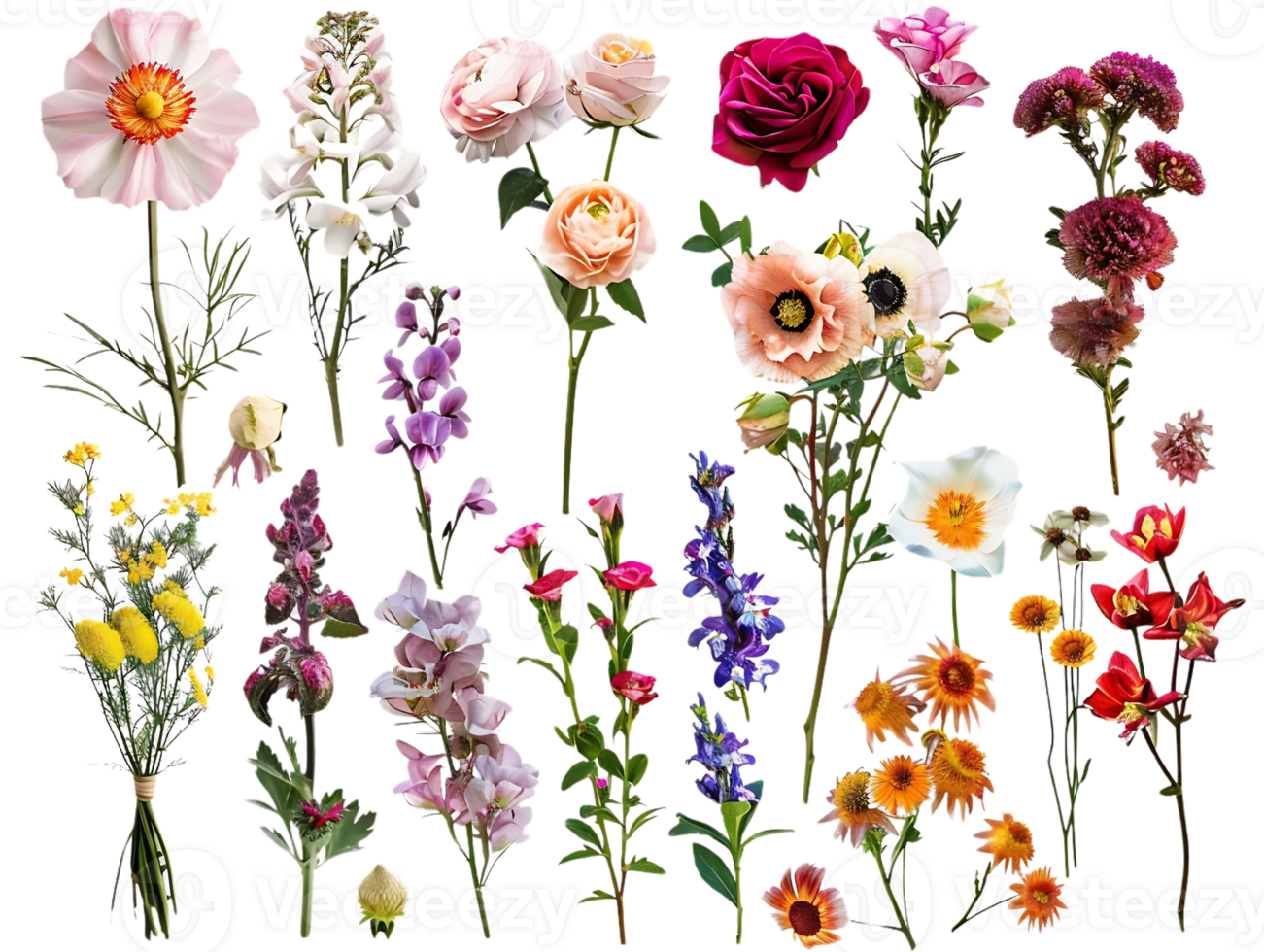 Vibrant Floral Bouquet with Transparent Background, Featuring a Variety of Colorful Flowers and Greenery png