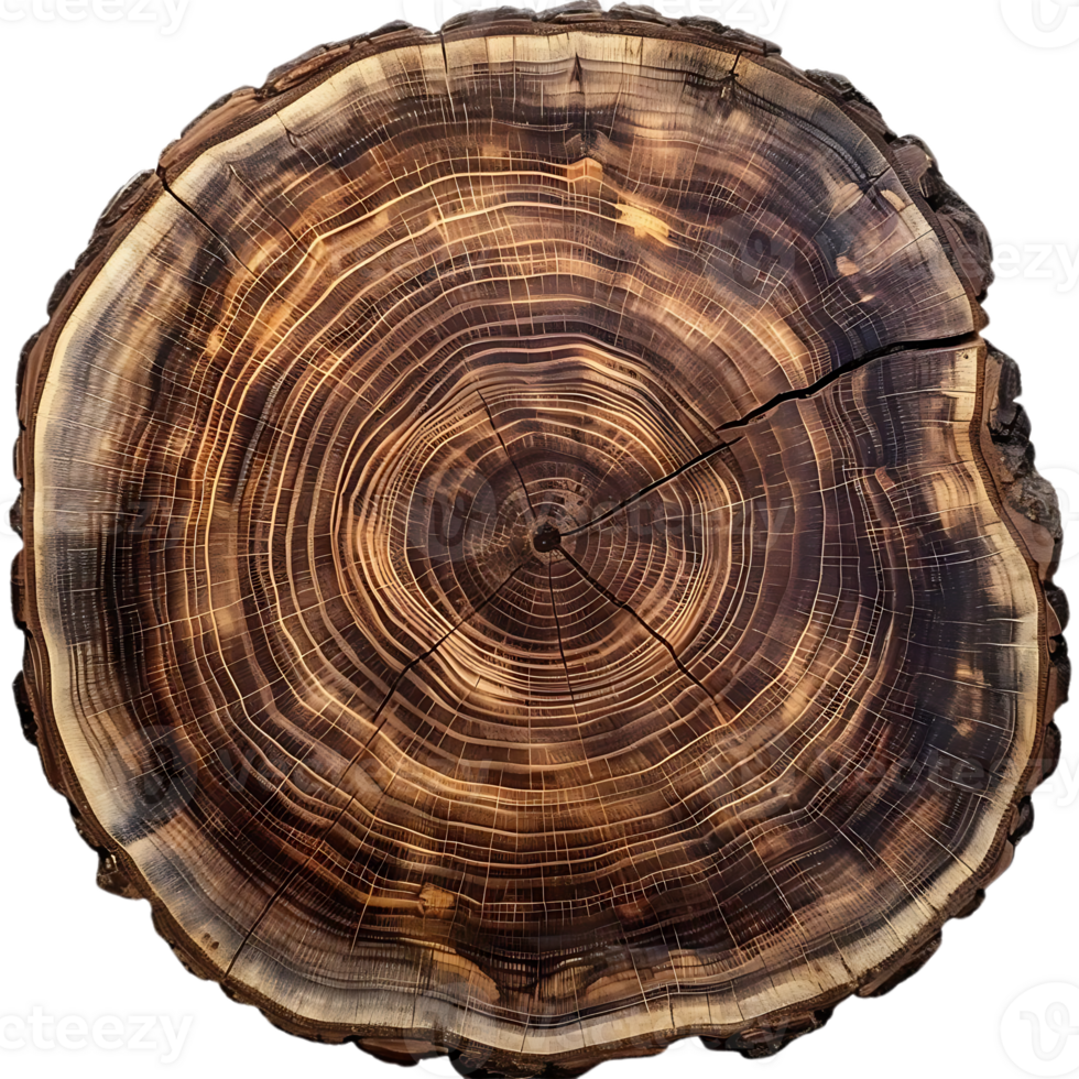 Tree Rings with a Transparent Background - Detailed Close-up of a Cross-Section of a Tree Trunk with Visible Growth Rings and Texture - Perfect for Nature, Ecology, and Woodworking Projects png