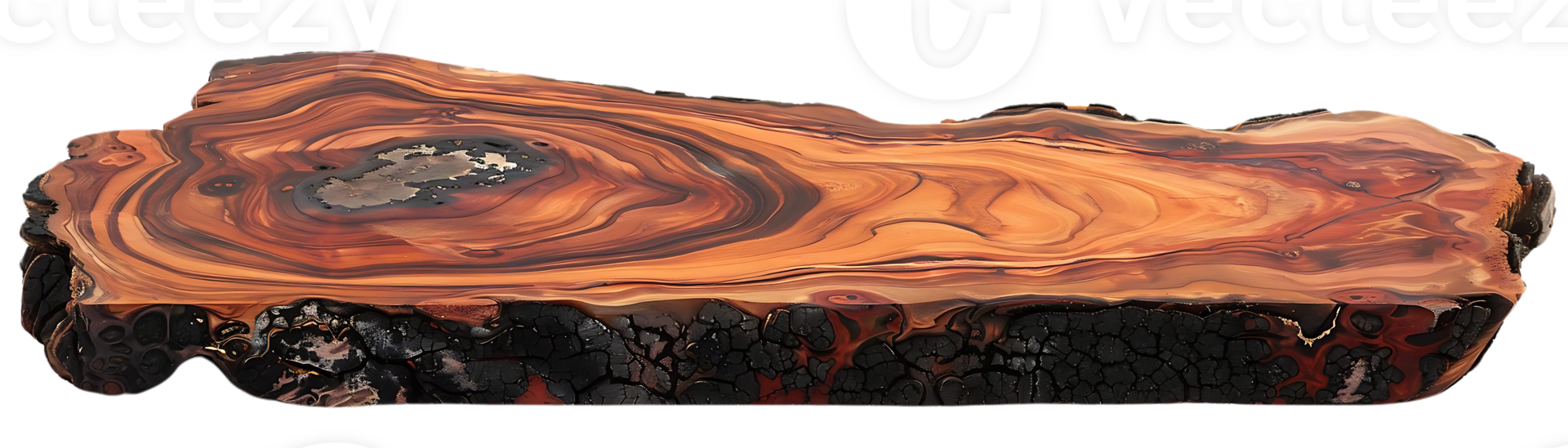 Burnt Wood Slice with Transparent Background, Showing Intricate Grain Patterns and Charred Edges png