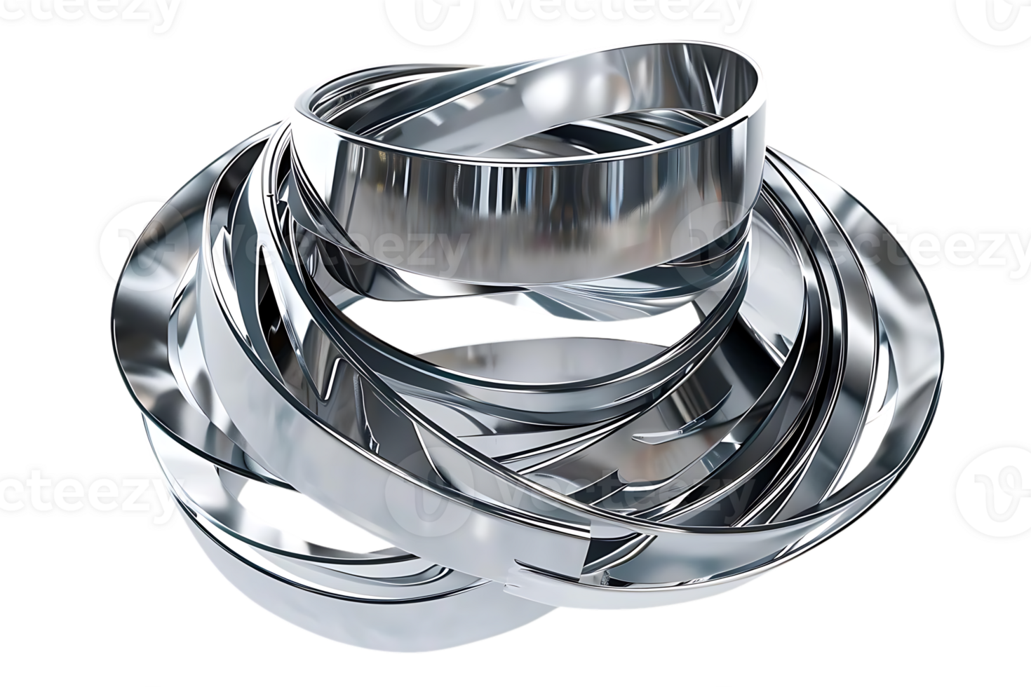 Intertwined Chrome Rings Create a Stunning Abstract Sculpture with a Transparent Background png