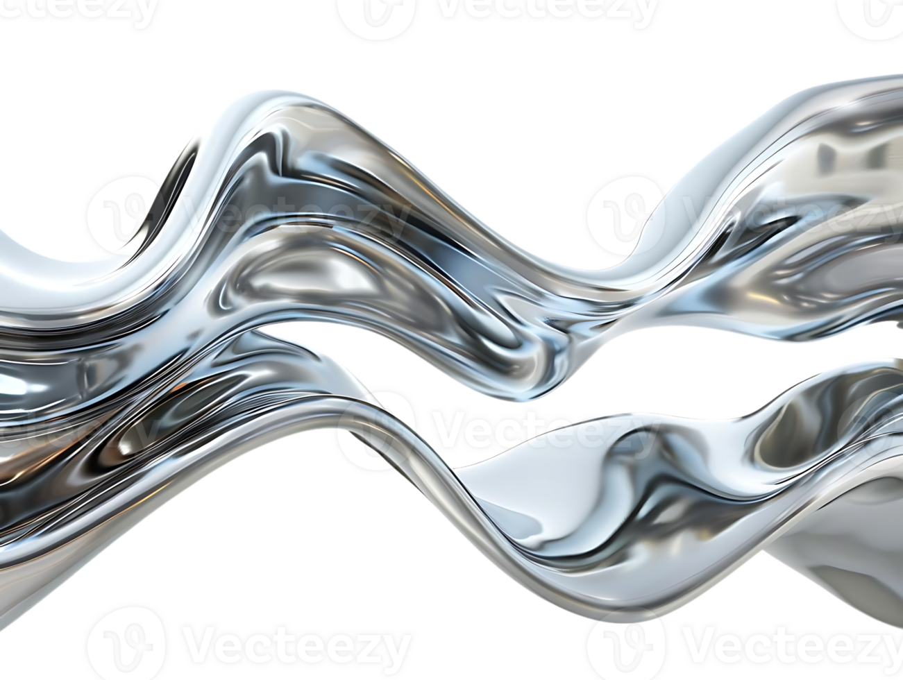 Liquid Silver Waves Flowing on a Transparent Background, 3D Rendered Abstract Metallic Design with Shiny Surface png