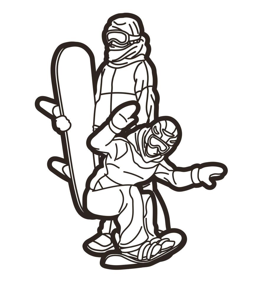 Outline Group of Snowboard Players Mix Action Snowboarder Pose Extreme Sport Cartoon Graphic vector