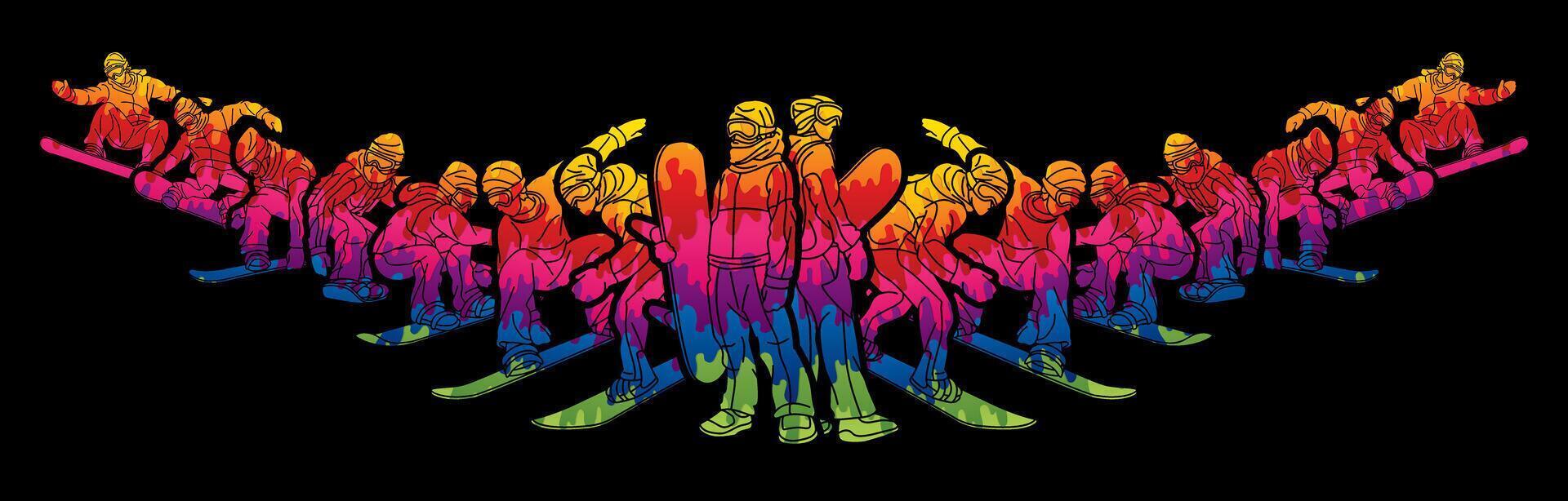 Graffiti Colorful Group of Snowboard Players Mix Action vector