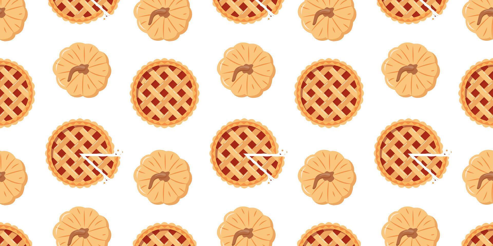 Autumn pumpkins and cut pumpkin pies seamless pattern. Seasonal greeting banner design. Illustration vector