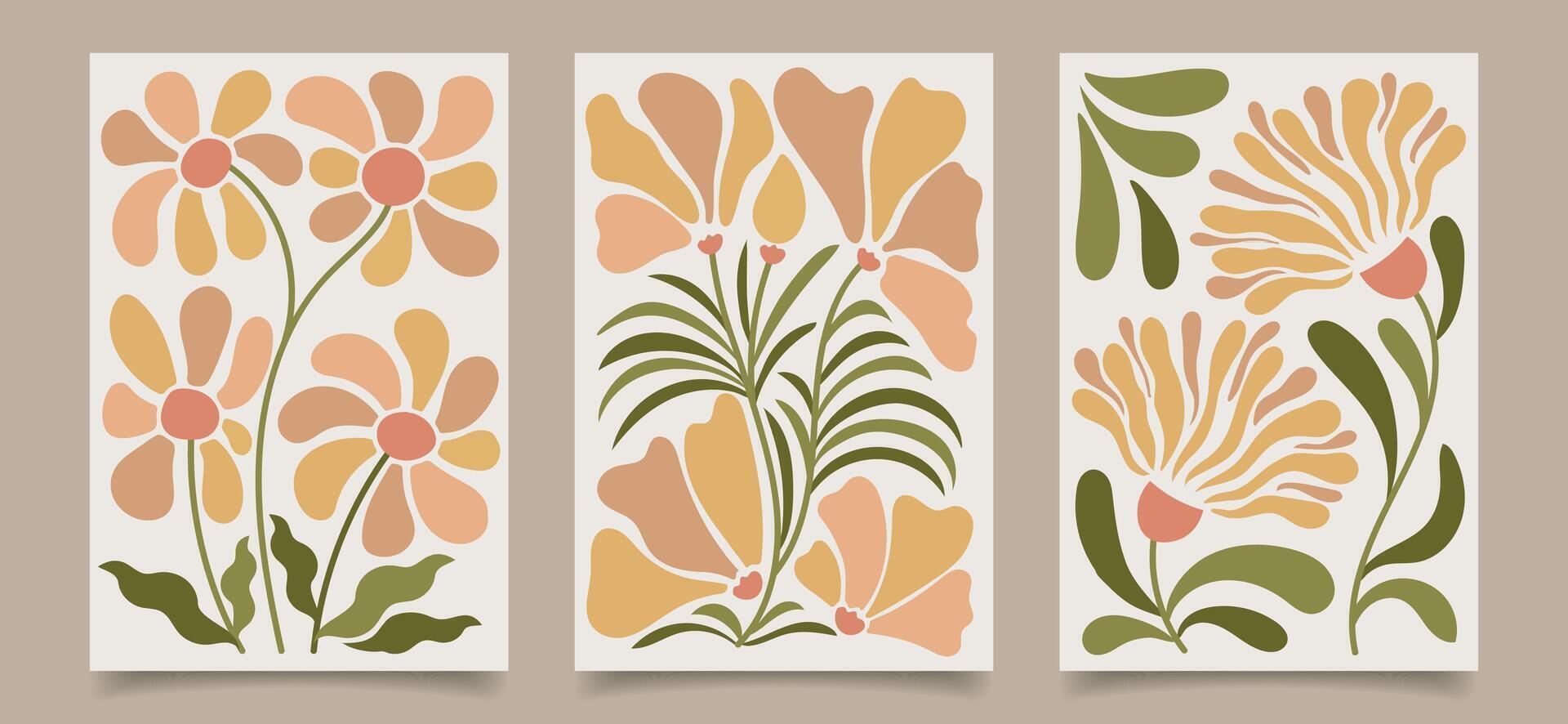 Set of wall floral retro posters. Collection of abstract tapestries in soft colors. vector