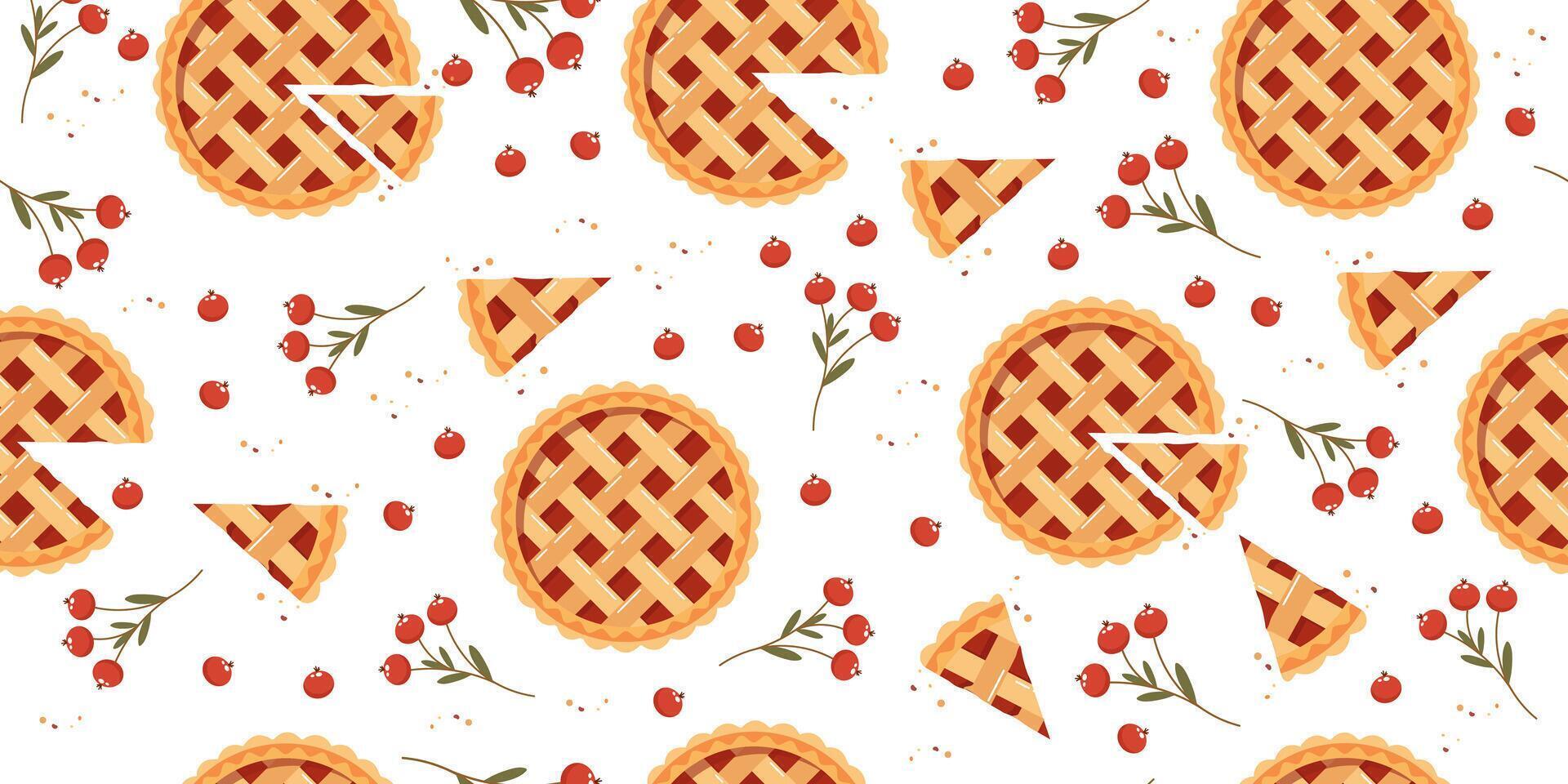 Seamless pattern of whole and pieces of pies with jam and berries on a white background. Food pastry pie background, illustration vector