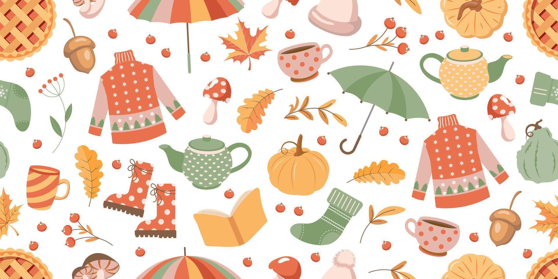 Autumn elements seamless pattern, cute hand drawn seasonal objects. Fall season cozy elements background. Illustration in flat style vector