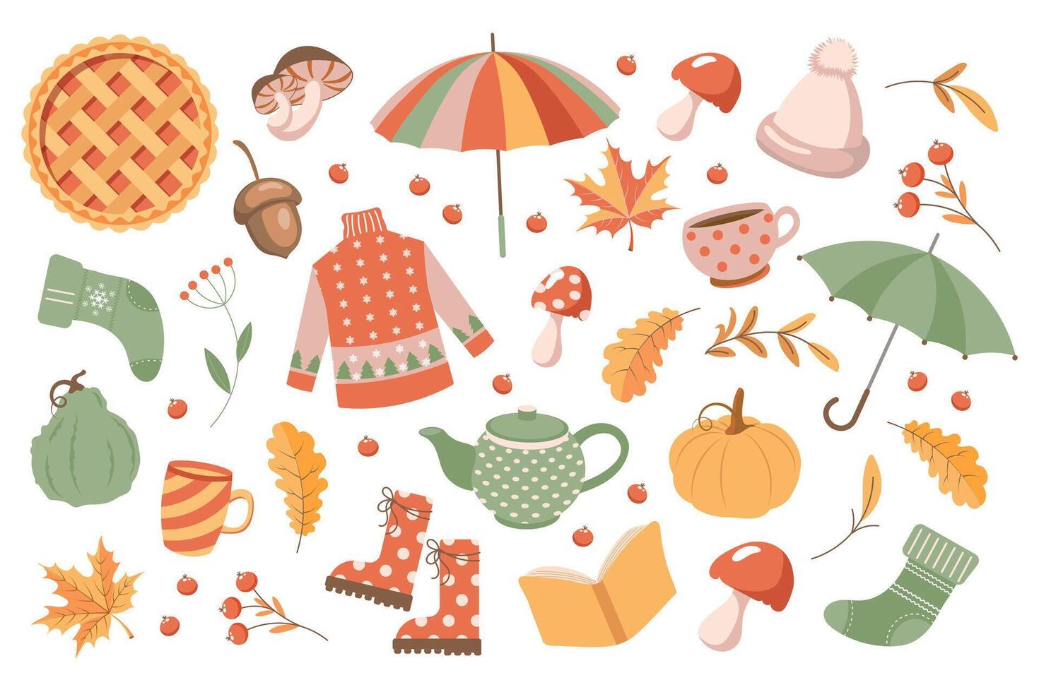 Autumn elements set, cute hand drawn seasonal objects. Fall season cozy elements clipart bundle. Illustration in flat style vector