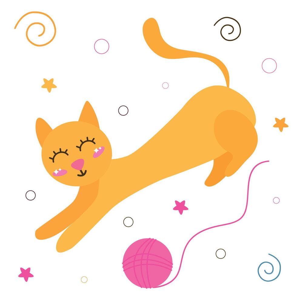Cute kawaii kitten cat redhead in jumping pose with ball of thread, isolated on white background. vector