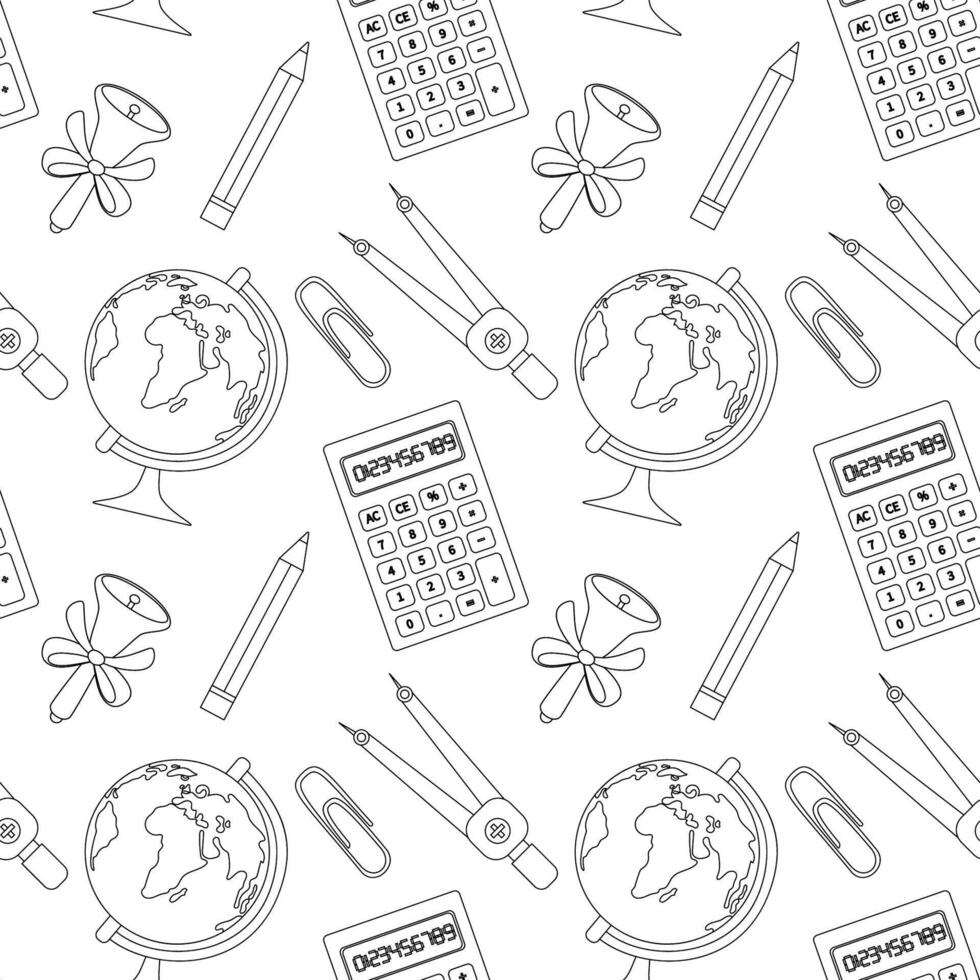 Seamless pattern back to school pattern, school supplies, office items. Background in black and white. vector