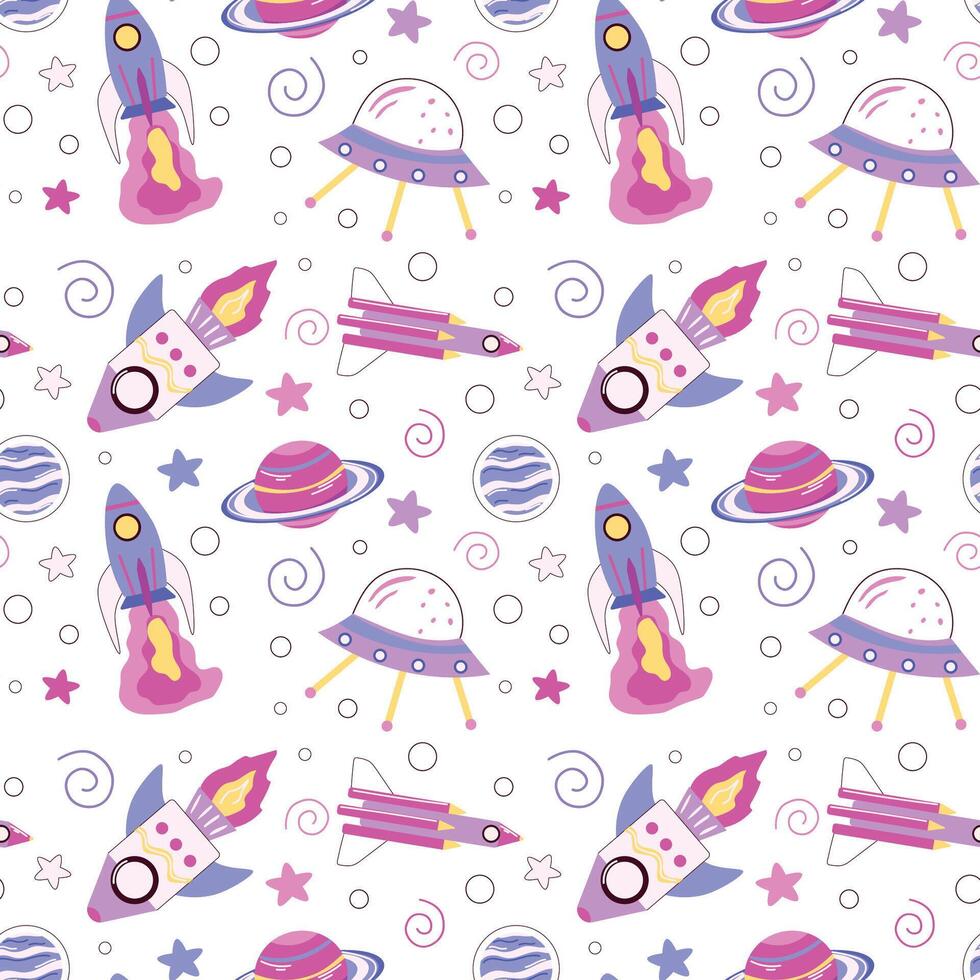 Seamless pattern featuring rockets, UFOs, planets, and stars in a playful, colorful design. Ideal for children's textiles, wallpaper, and space themed products, adding a fun and whimsical touch. vector