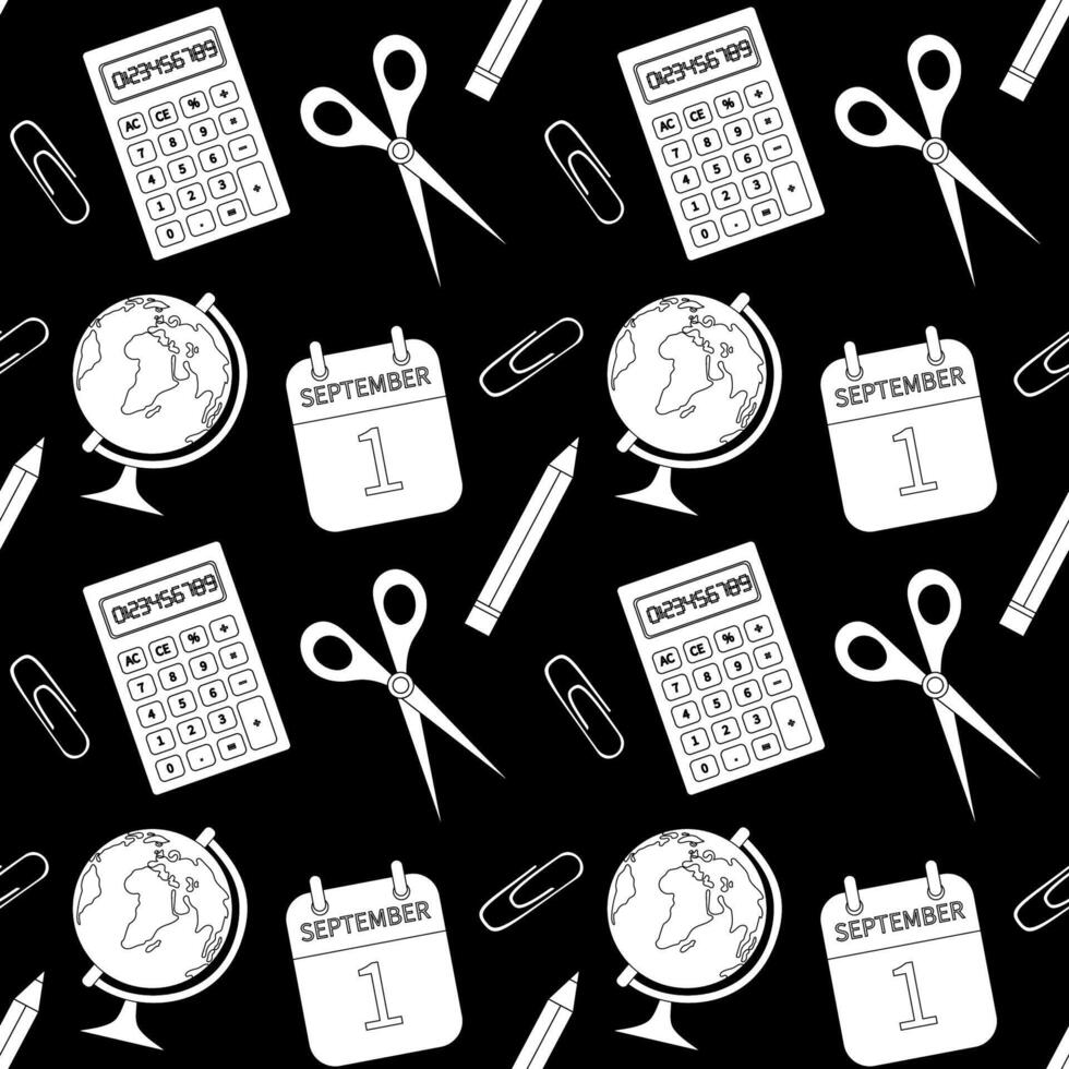 Seamless back to school pattern, school supplies, office items. The background is suitable for printing on fabric and paper for the first of September. vector