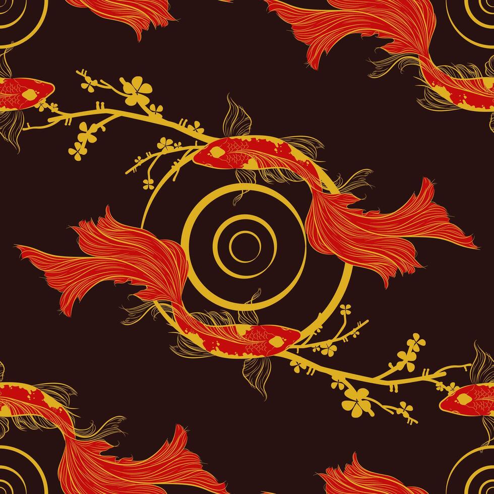 banner with traditional Chinese elements and ornament. Koi carp in gold color black red background with peony flowers. Chinese background.fish koi japanese chinese design sketch ink paint style vector