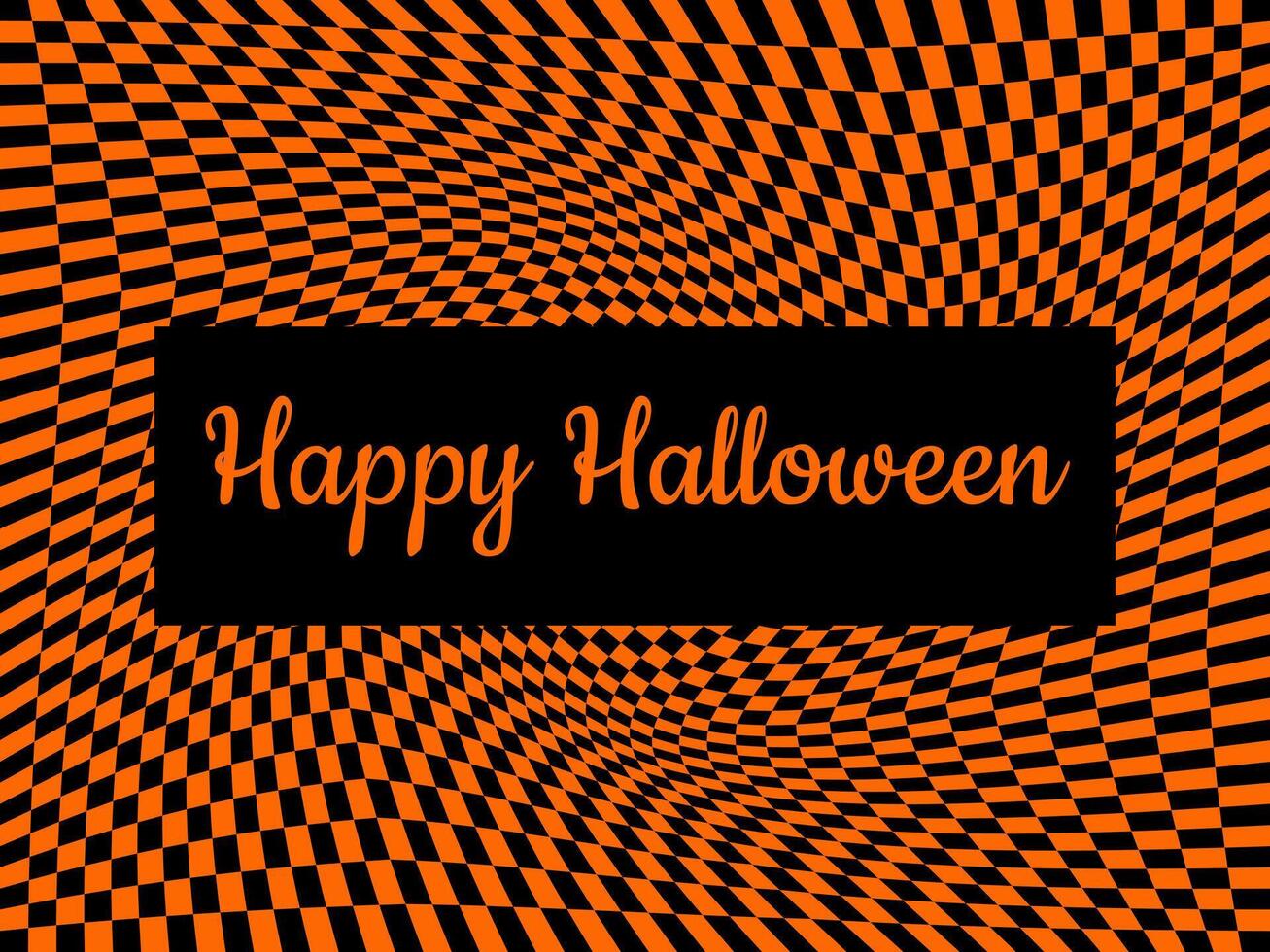 Happy Halloween checkered board card, banner, poster. Orange and black abstract geometric background with text. Fall aesthetic. Autumn horizontal backdrop. vector