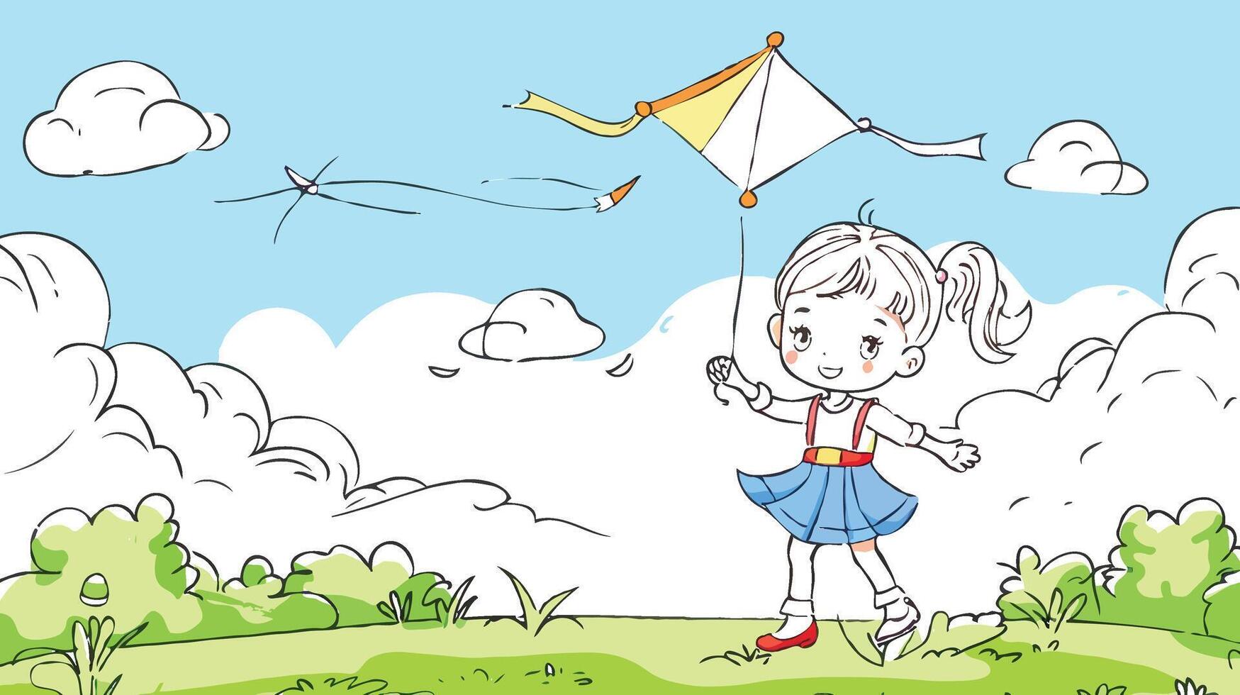 coloring page flying a kite on the grassland, coloring page vector