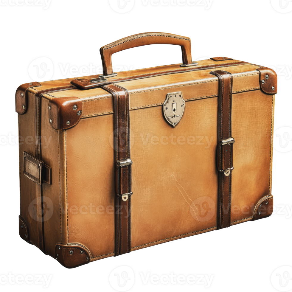 Vintage leather suitcase on a wooden table png