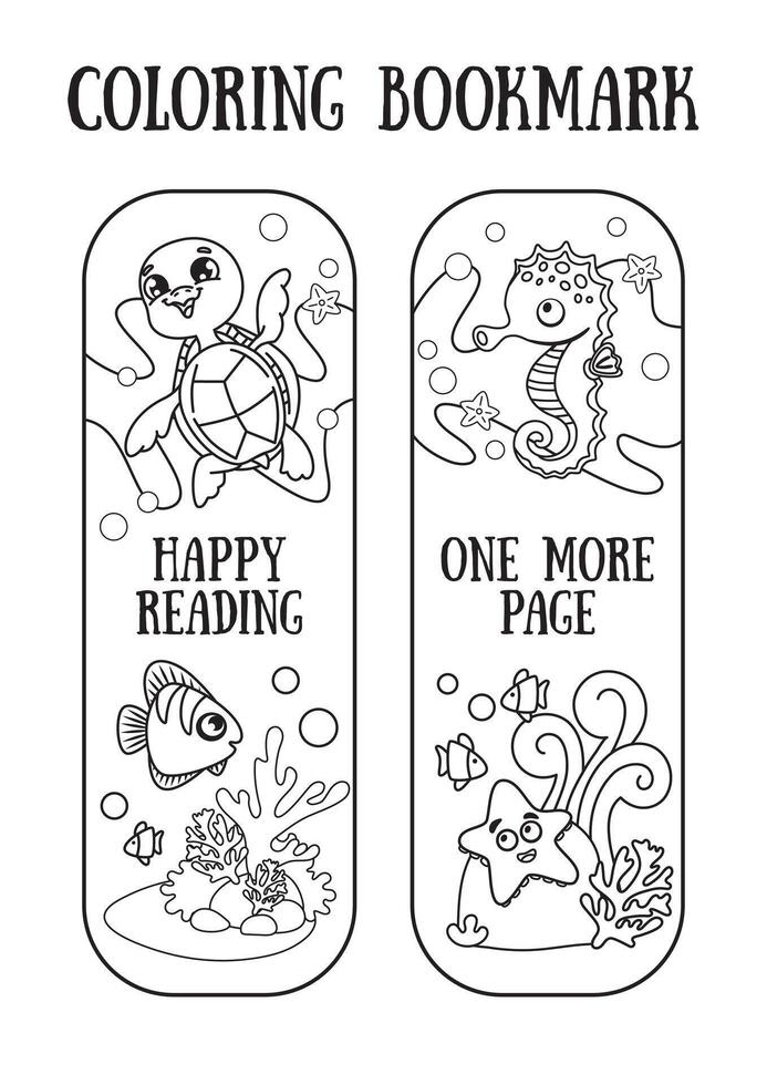Bookmarks for children books. Turtles, fish, seahorse in ocean. black and white graphics, line style vector