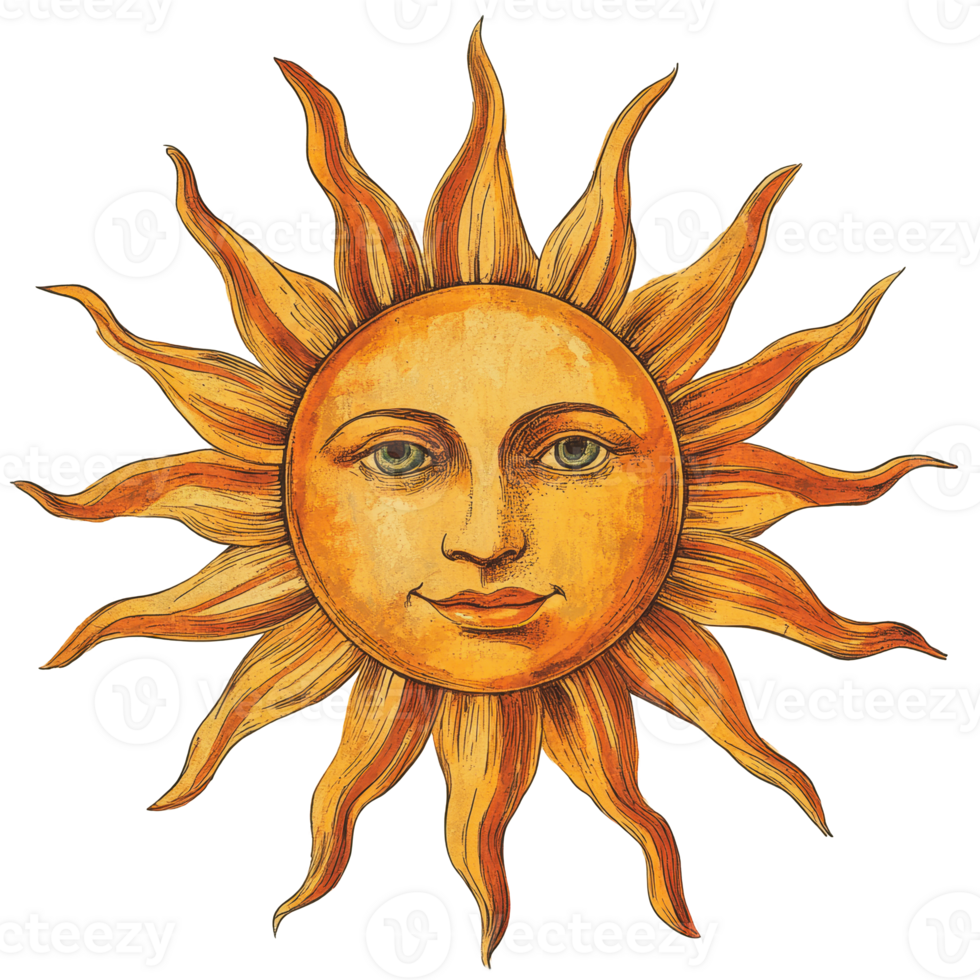 Radiant sun illustration with facial features png