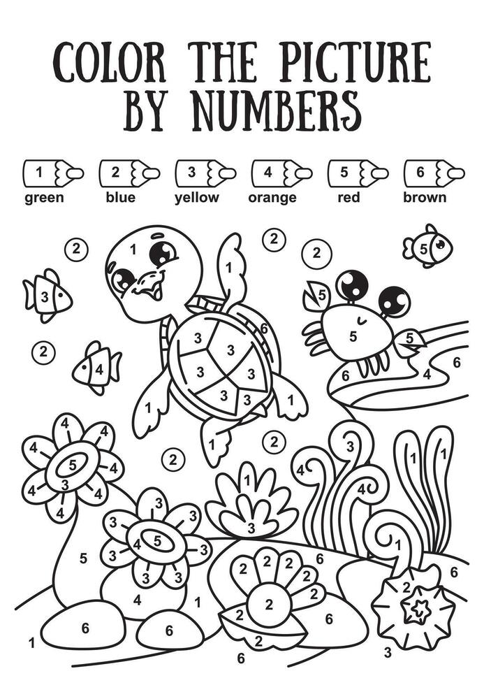 coloring book by numbers for children. Turtle and crab on the seabed. black white print illustration vector