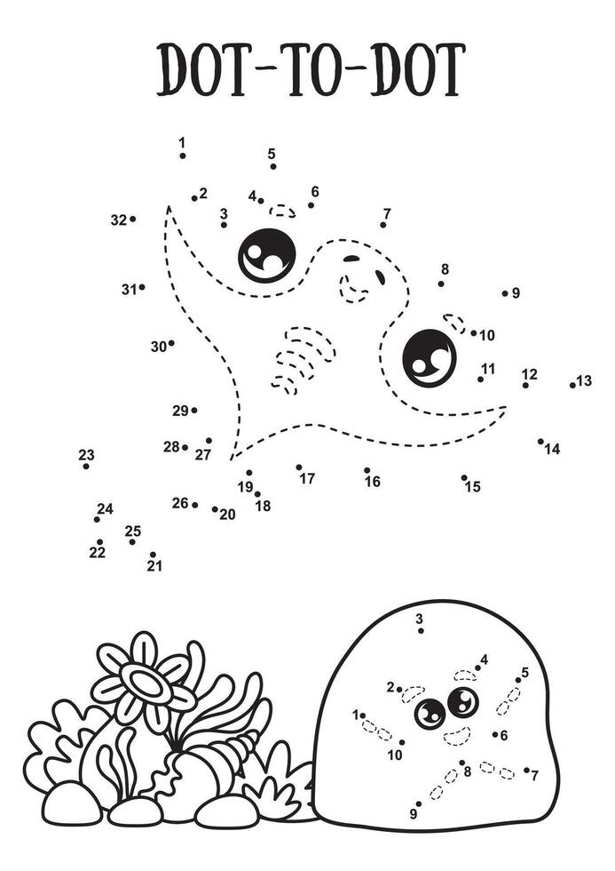 Mini game for kids dot to dot. Stingrays and other marine creatures on the bottom of the sea. Preschool education vector
