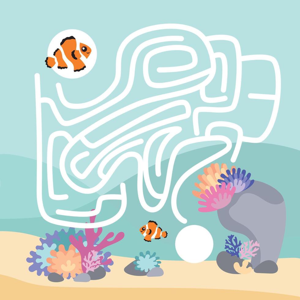 Mini game for kids. Maze, help the fish-clown get to his cabin, coral reef on the seabed. vector