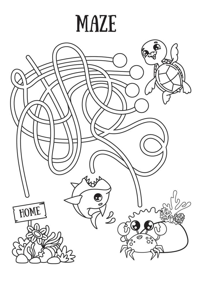 Mini-game for kids. Maze. Help the turtle get home. Nemo get to your house. Black and white illustration. vector