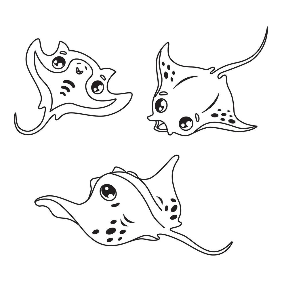 Set of Fish stingray. Cartoon characters for illustration. Black and white style. Children book illustration vector