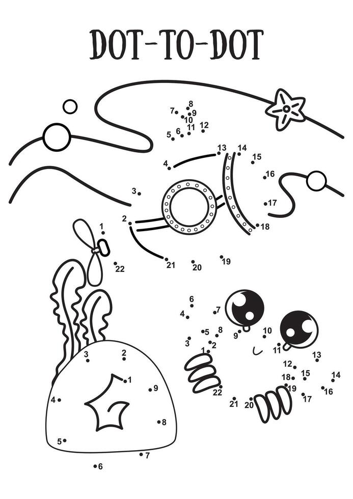 Mini-game for kids dot to dot. Submarine and crab on the bottom of the sea. Preschool education vector