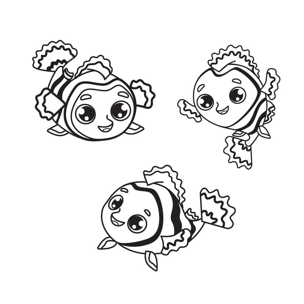 Fish clown set. Black-white illustration in linear style. Cartoon character. 4 variants. vector