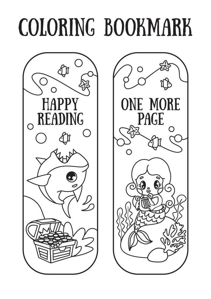Bookmarks for children books. Illustration of a shark, mermaid at the bottom of the ocean. black and white graphics, line style vector