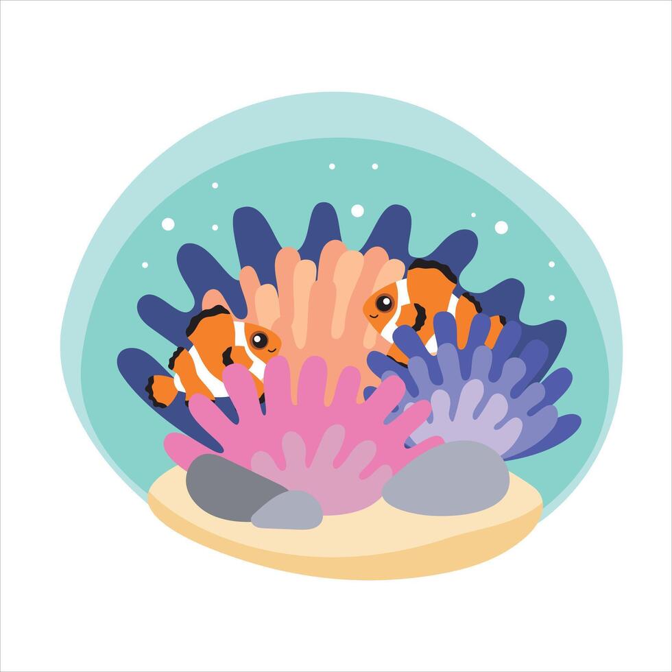 Illustration of coral reef, clown fish. Color pictures for children books. Isolated object vector