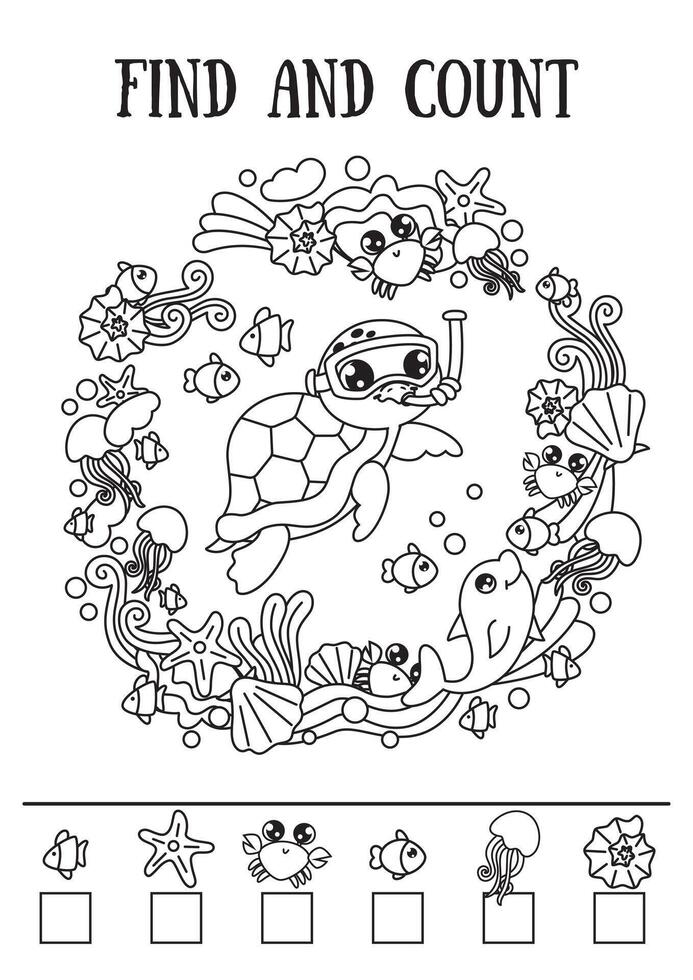 Mini game for children, find and count. Marine illustration with turtle and other sea animals. Black and white illustration. vector