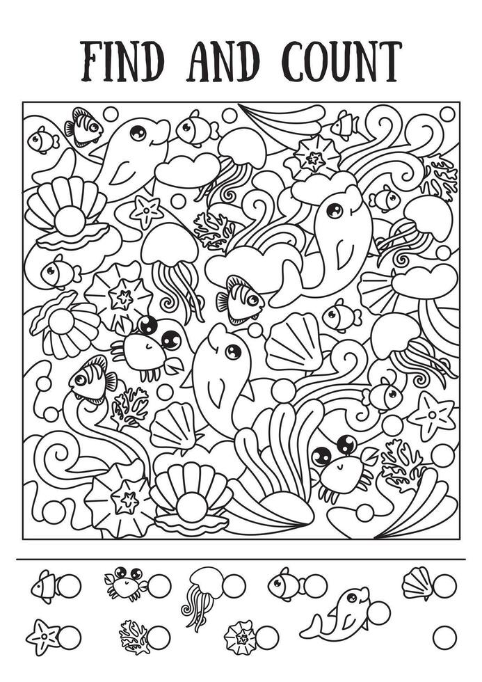 Mini game for children, find and count. Marine illustration with different species of marine animals. Black and white illustration. vector