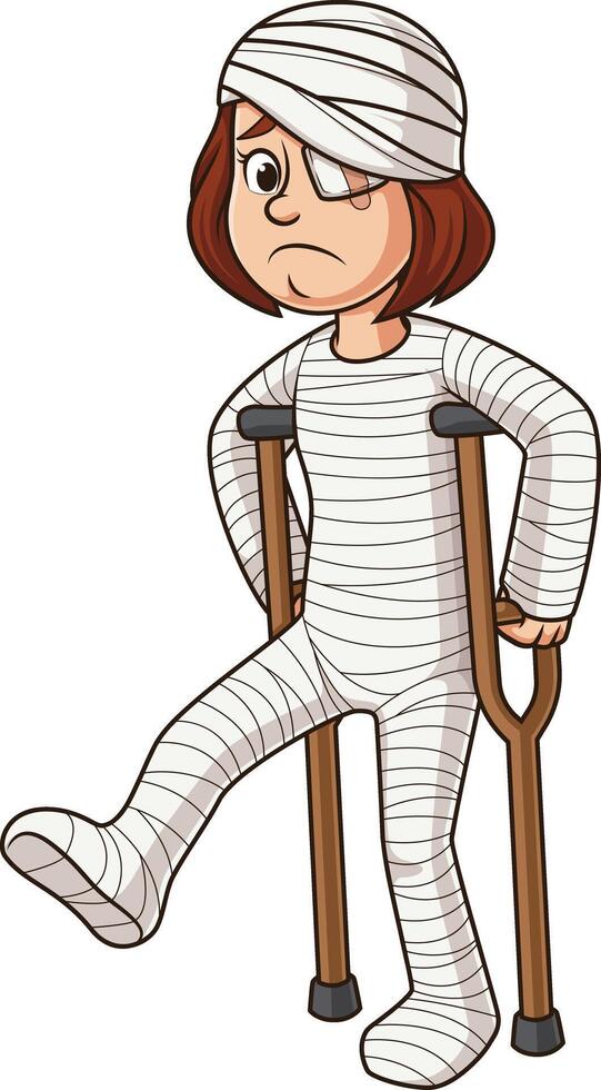 Injured caucasian woman in body cast cartoon drawing vector