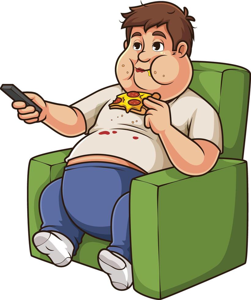 Couch potato man eating pizza while watching tv cartoon drawing vector