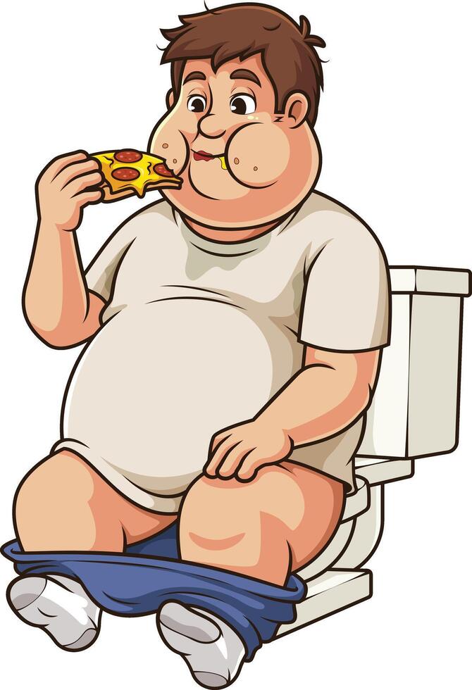 Sloppy man eating pizza while sitting on a toilet cartoon drawing vector