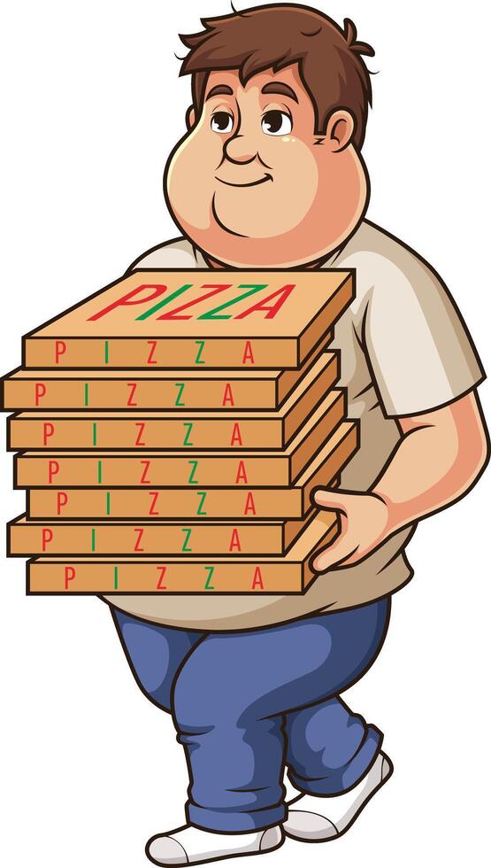 Overweight man carrying pizza boxes cartoon drawing vector