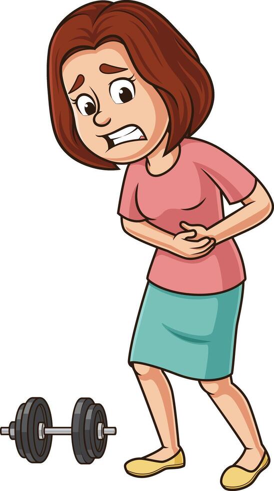 Caucasian woman hernia pain cartoon drawing vector