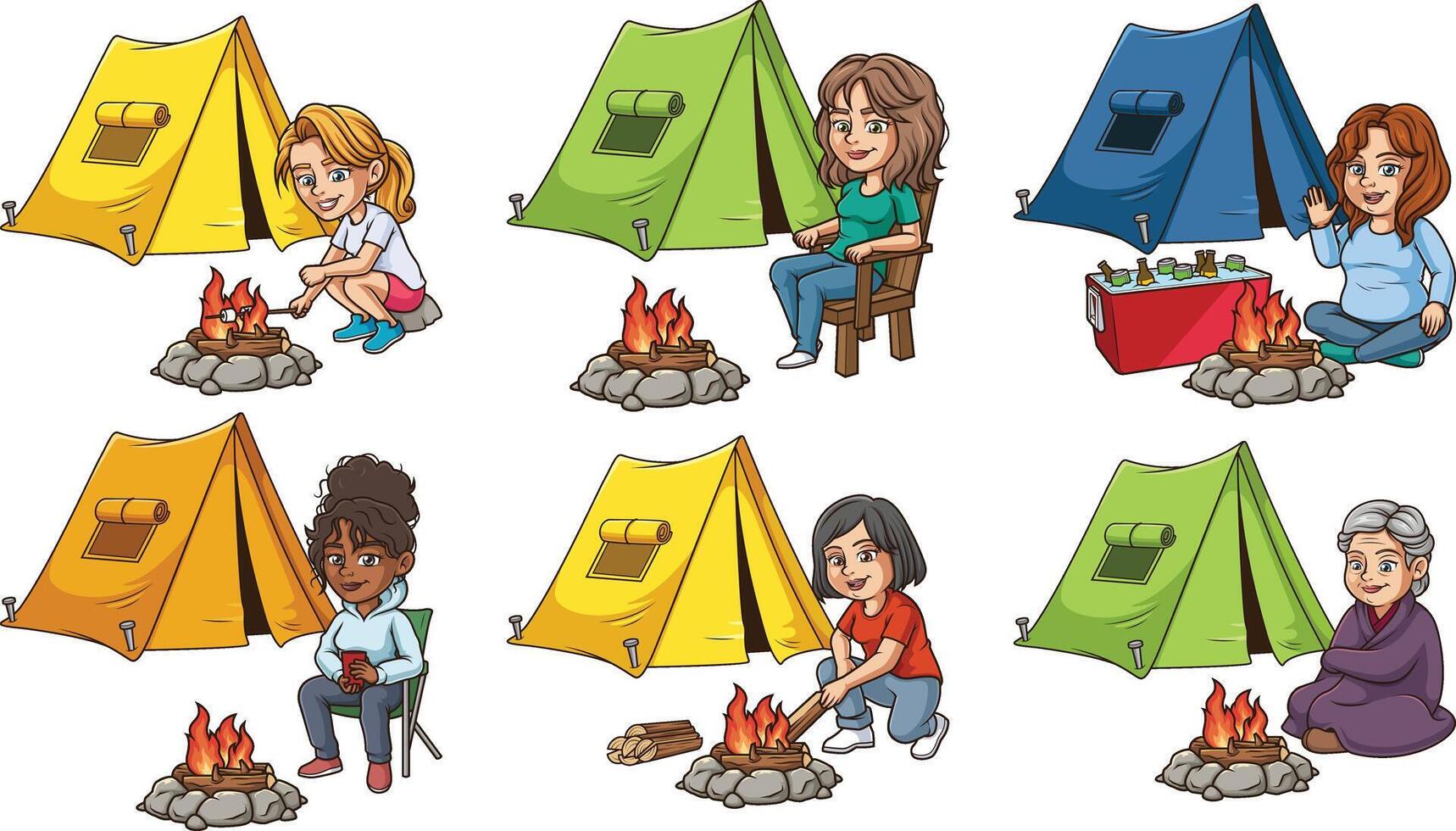 Women camping outdoors, having a good time. Each image on a separate layer. vector