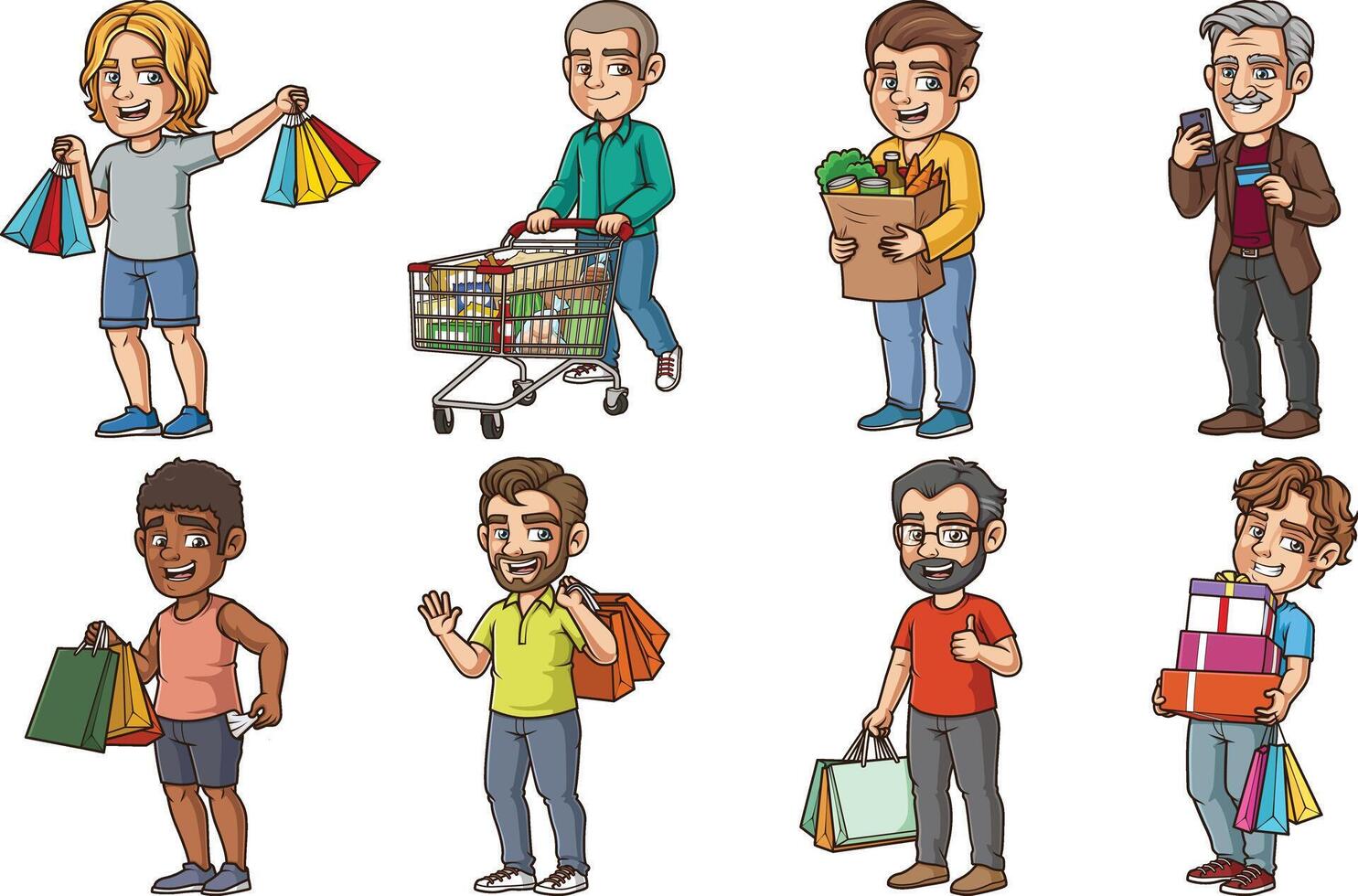 Men shopping, carrying bags, carts, groceries, and other purchases. Each image on a separate layer. vector