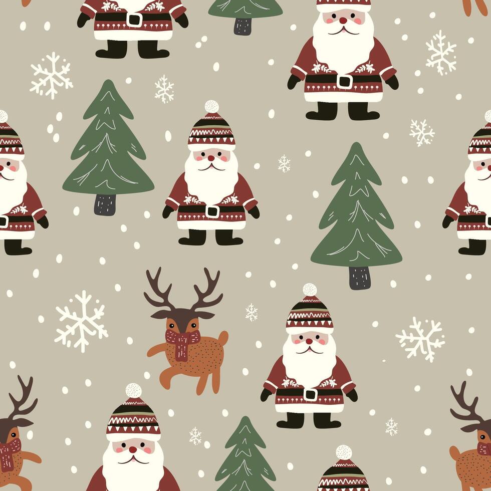 Christmas Seamless Pattern Featuring Santa Claus Reindeer Snowflakes and Christmas Trees in a Festive Winter Design for Wrapping Paper Fabric and Holiday Decorations vector