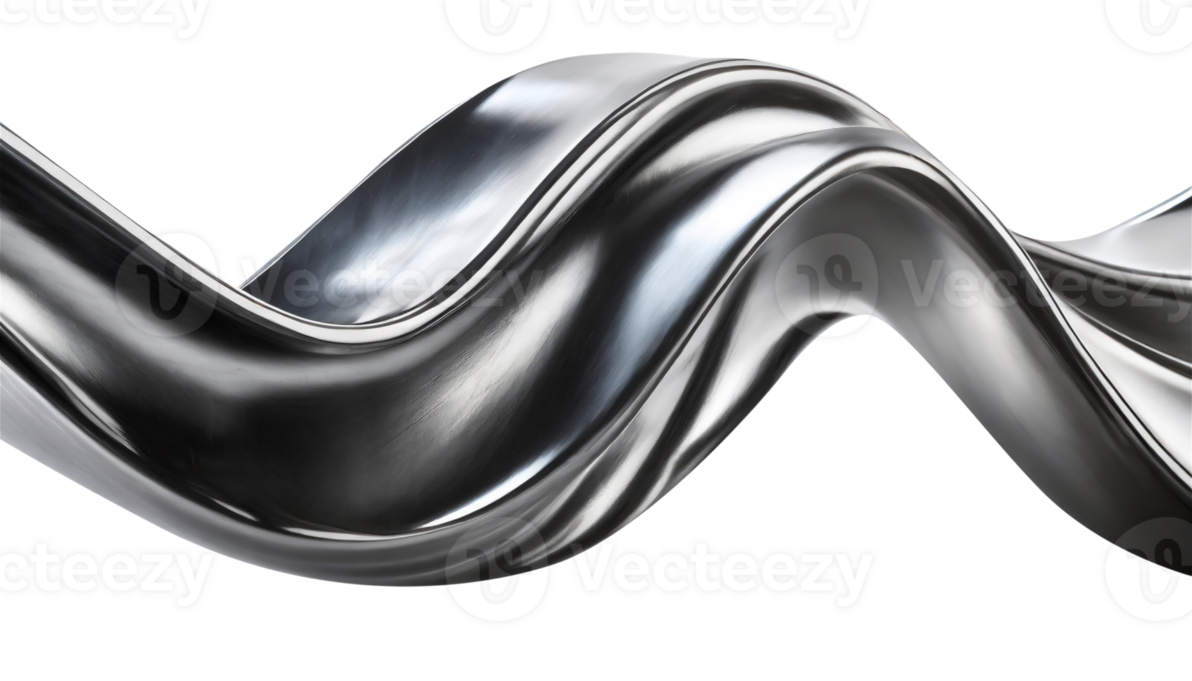 Abstract fluid metal bent form. Metallic shiny curved wave in motion. Cut out design element steel texture effect. png