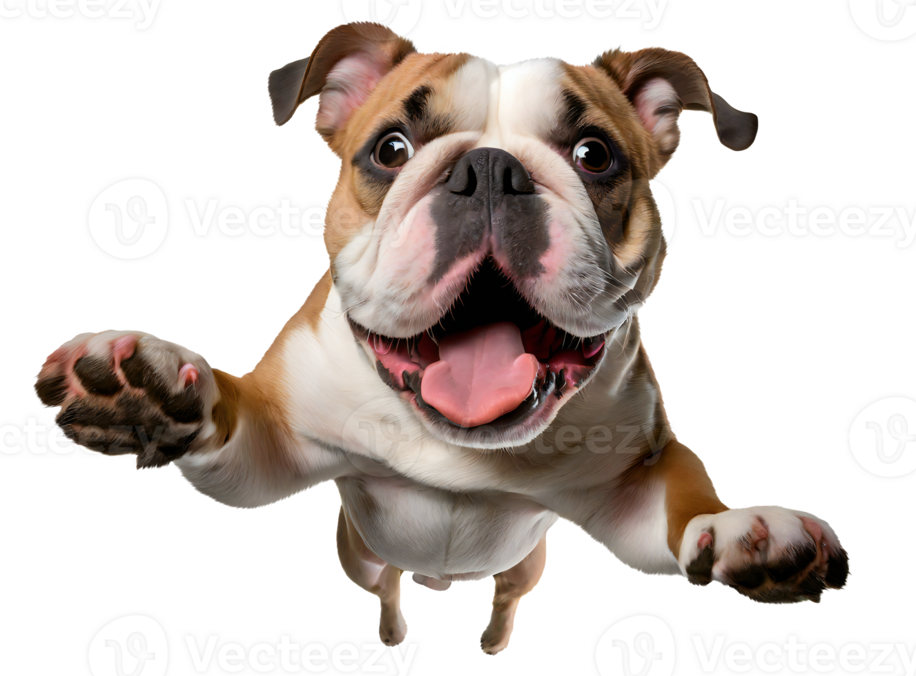 Cute bulldog puppy jumping. Playful dog cut out at background. png