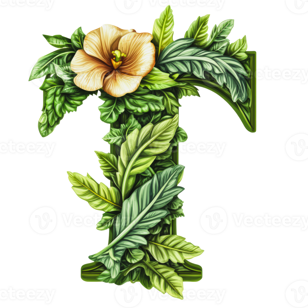 Floral letter design featuring hibiscus and leaves png