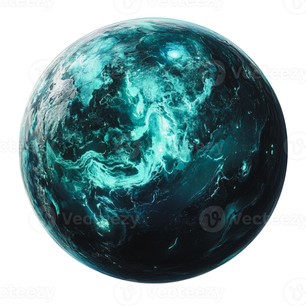 Dark turquoise planet with swirling gas formations png