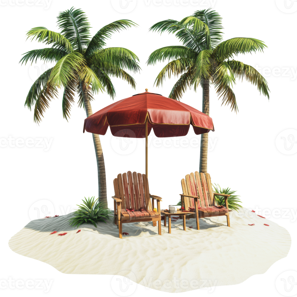 Relaxing beach setup with chairs and umbrella png