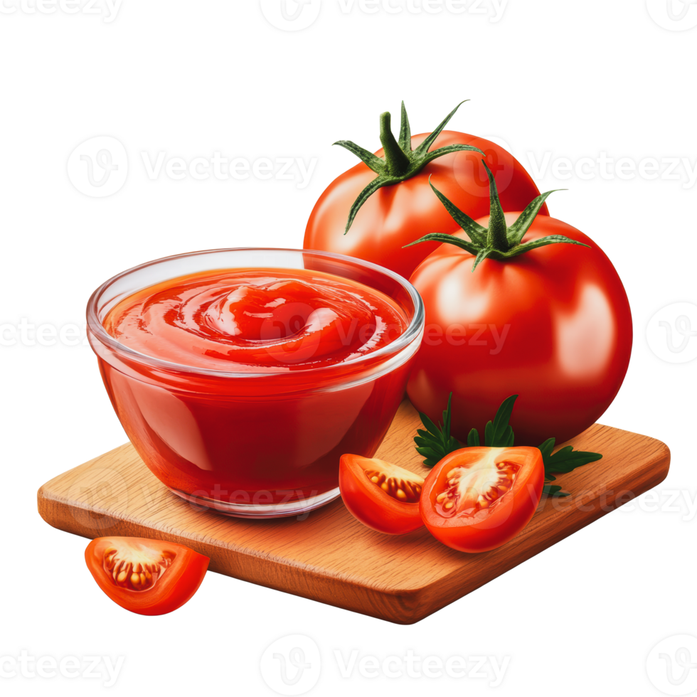 Tomato ketchup with fresh tomatoes on wooden board png