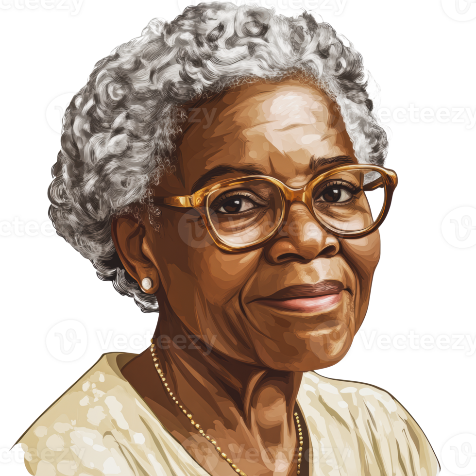 Elderly woman with glasses smiling warmly indoors png