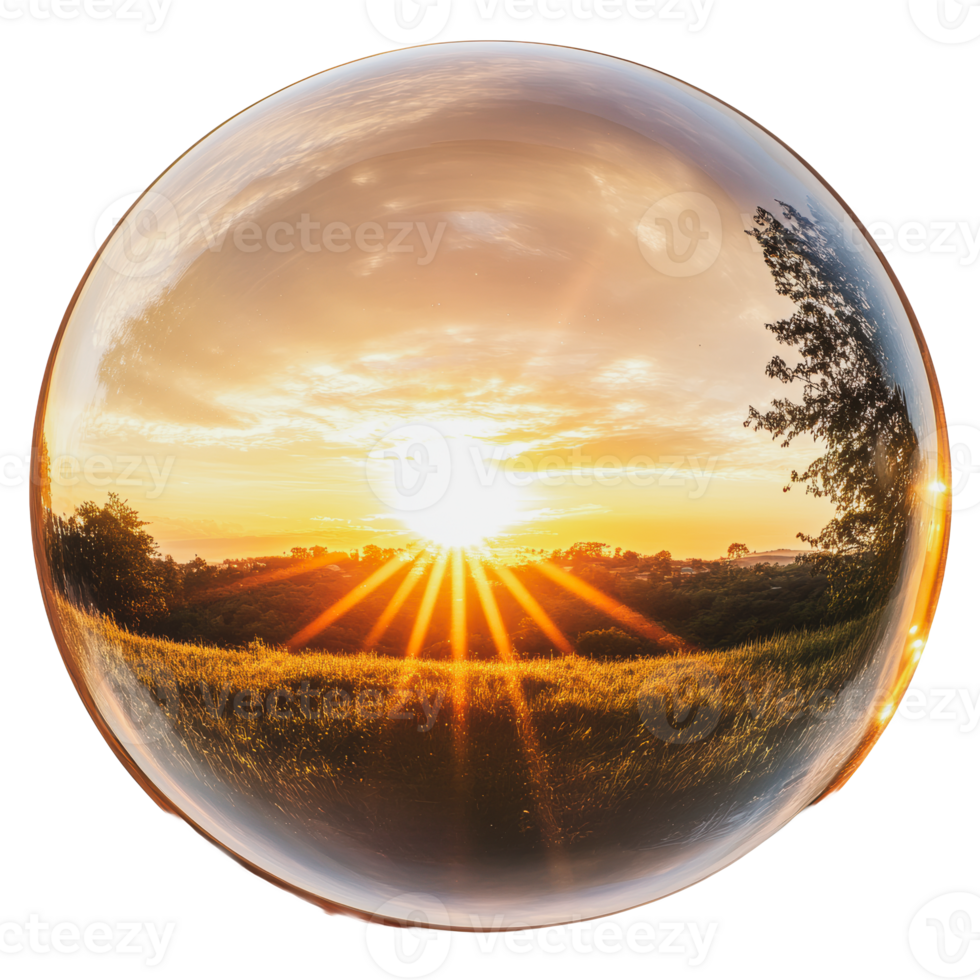 Sunset reflection in a crystal ball on a hillside png