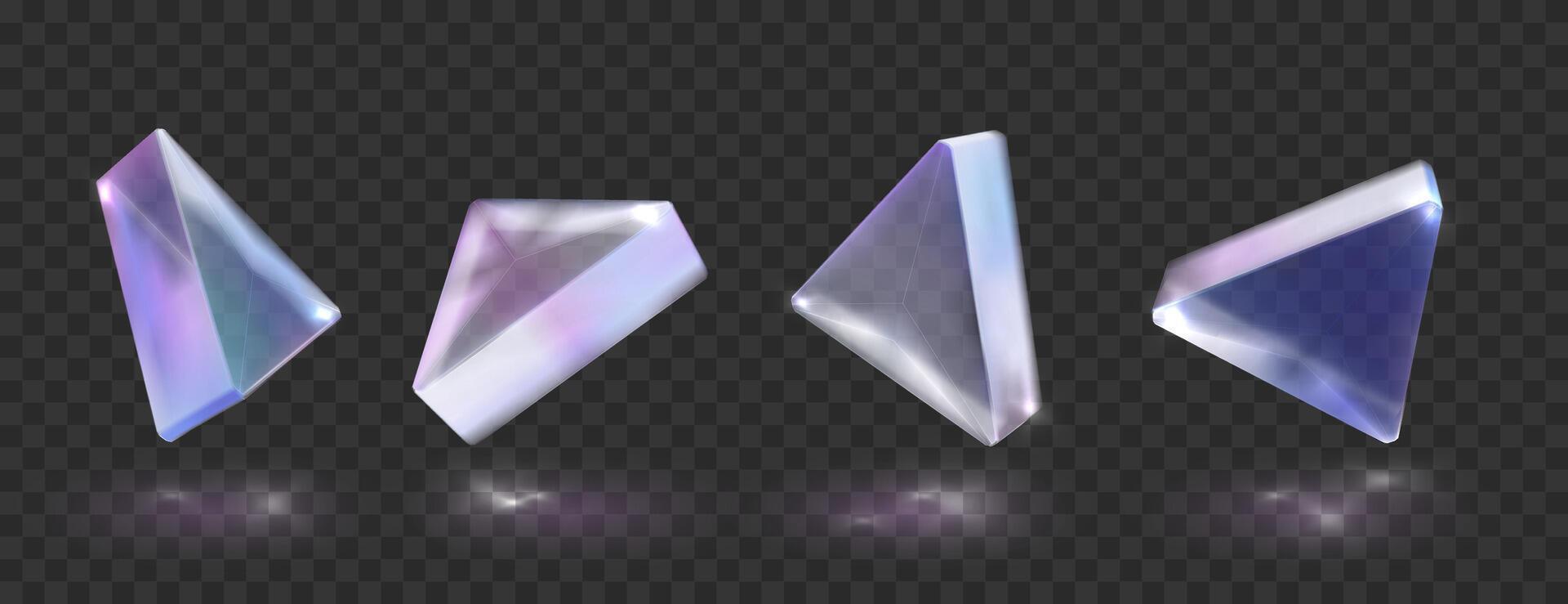 Glass or crystal triangle in different angle view. Shape with holographic gradient texture, glossy geometric object isolated on transparent black background. vector